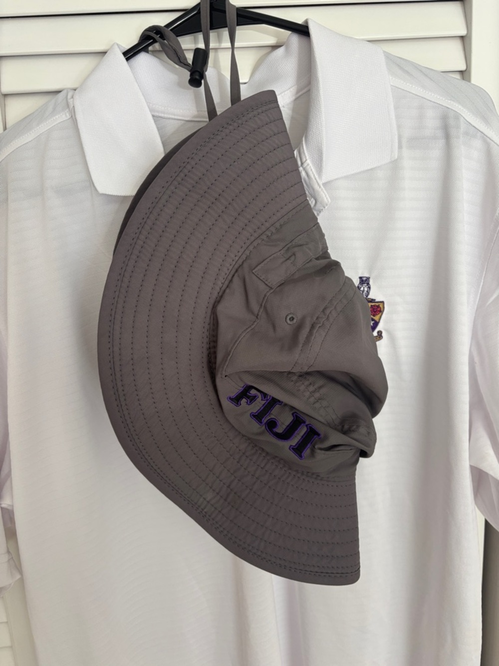 FIGI gear!!  NWT White Polo Shirt with Embroidered Crest & grey logo bucket hat